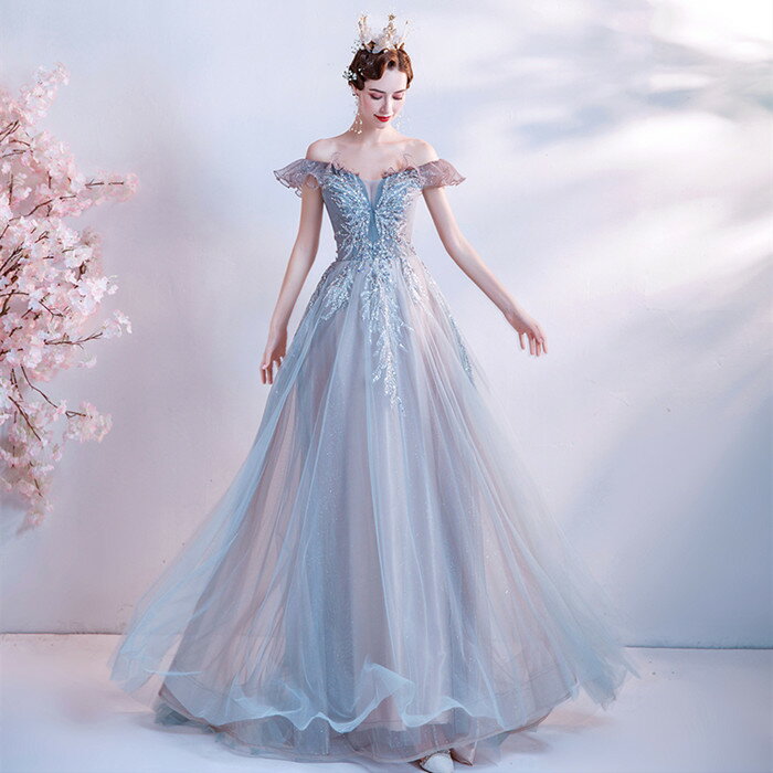 カラードレス ブルー ウェディングドレス ロング 前撮りドレス【着後レビュー特典】スパンコールやラメが輝く 縁フリル チュールの Aライン ロングドレス オフショルダー 水色 編み上げ チュール インポート ワンピース くすみカラー XS S XL XXL XXXL 披露宴 刺繍