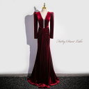カラードレス ロングドレス パーティードレス ワインレッド 長袖 ベロア ウェディングドレス ウエディングドレス 結婚式 二次会 花嫁 前撮り 演奏会 発表会 カクテルドレス ブライダル フォーマルドレス 成人式 卒業式 コンサート イブニングドレス ステージドレス(4)