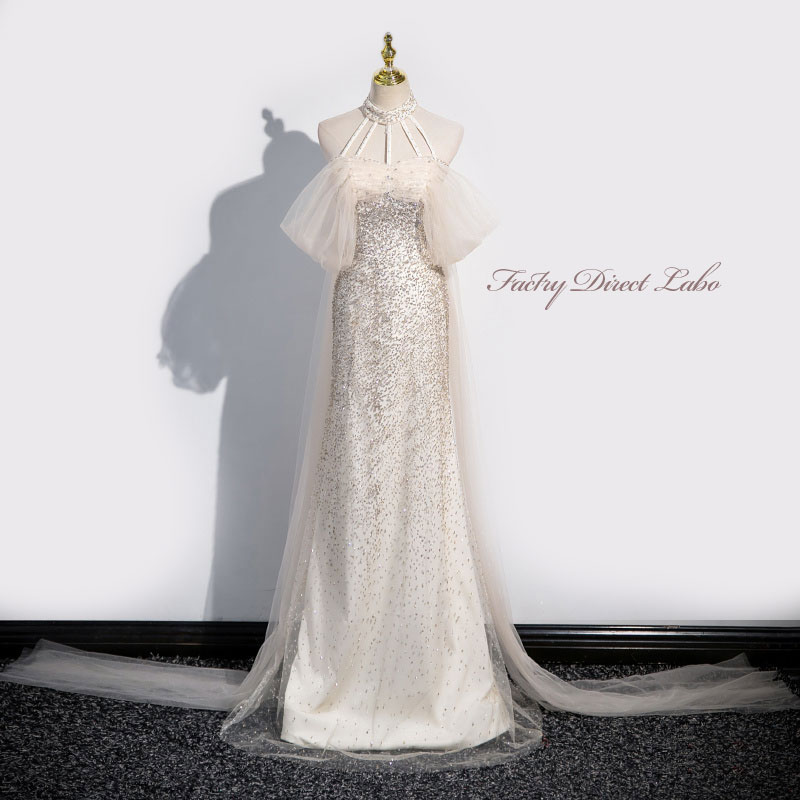 カラードレス ロングドレス パーティードレス シャンパン ホルターネック ウェディングドレス ウエディングドレス 結婚式 二次会 花嫁 前撮り 演奏会 発表会 スレンダードレス ゴールド 披露宴 ブライダル フォーマルドレス スパンコール 舞台 演出 イブニングドレス