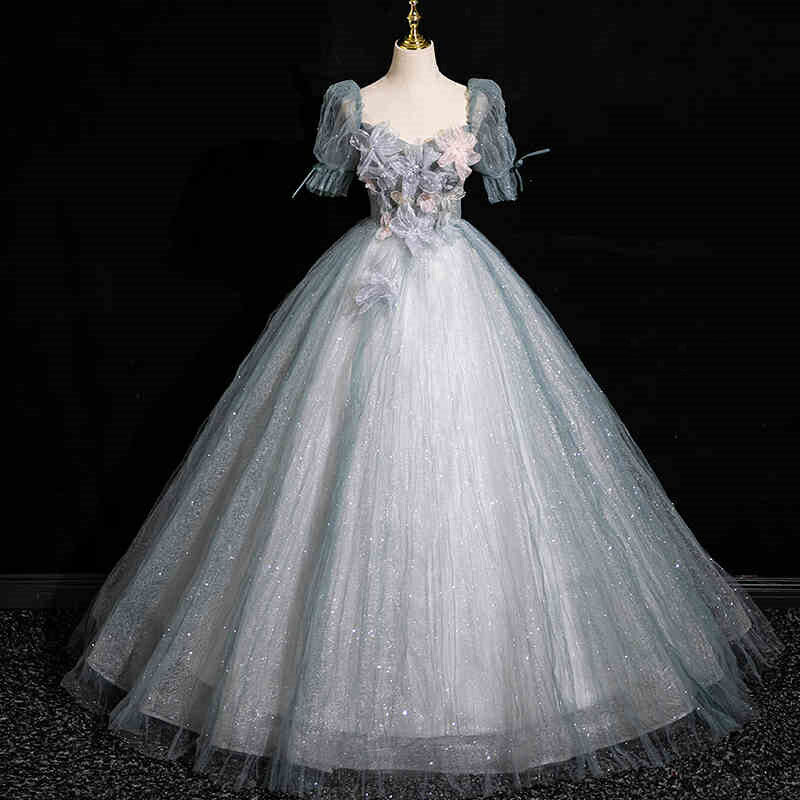 カラードレス ロングドレス パーティードレス シルバーブルー 花 モチーフ お花 フラワー 半袖 ウェディングドレス ウエディングドレス 結婚式 二次会 花嫁 前撮り 演奏会 発表会 オフショルダー 披露宴 ブライダル フォーマルドレス 成人式 コンサート イブニングドレス