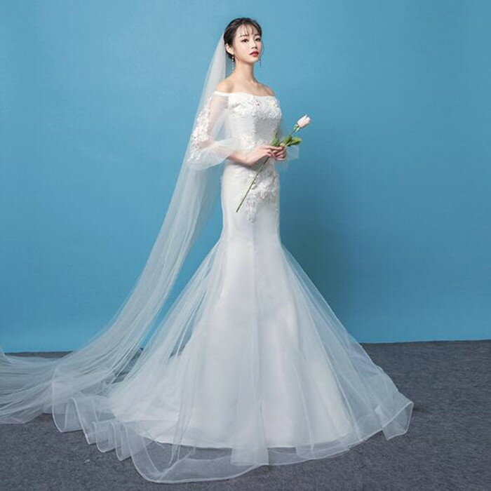 マーメード オフショル ウェディングドレス【着後レビュー特典】「透け感・抜け感」のある気張らないデザイン マーメイドドレス マーメイド オフショルダー 袖あり 長袖 チュール 編上げ かわいい 大きいサイズ ドレス ホワイト インポート ブライダル ウエディングドレス