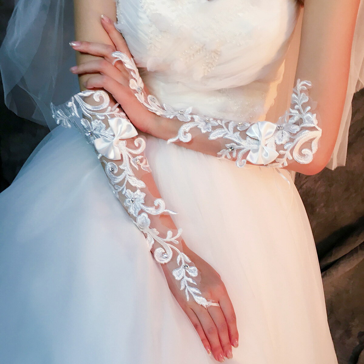 ボタニカル柄レース パール フィンガーレスグローブ ミディアム ロング ウエディング フォトウエディング 結婚式 披露宴 二次会