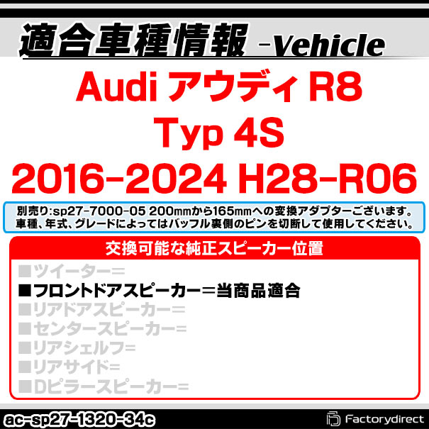 ac-sp27-1320-34c (フロントドア専用) アウディ R8 (Typ 4S 2016以降 H28以降) (200mm 8inch用) Audi ABSインナーバッフルボード スピーカーアダプター ヨーロッパ 欧州EUブランド工場製造 ( 欧州車 EU バッフル )