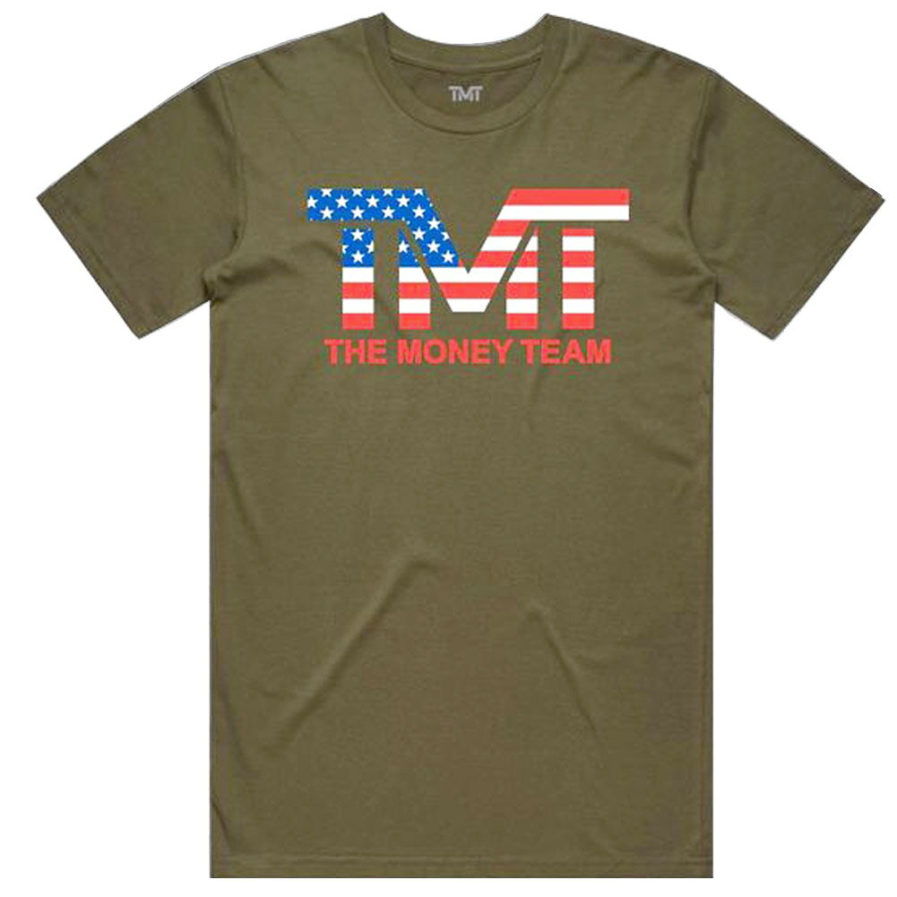 tmt-ms09-2ac ザ マネーチーム Tシャツ INDEPENDENCE カーキベース×アメリカロゴ フロイド メイウェザー ボクシング メンズ プリント アメリカ THE MONEY TEAM TMT( おしゃれ 半袖 ティーシャツ スポーツ ブランド トップス ロゴ )