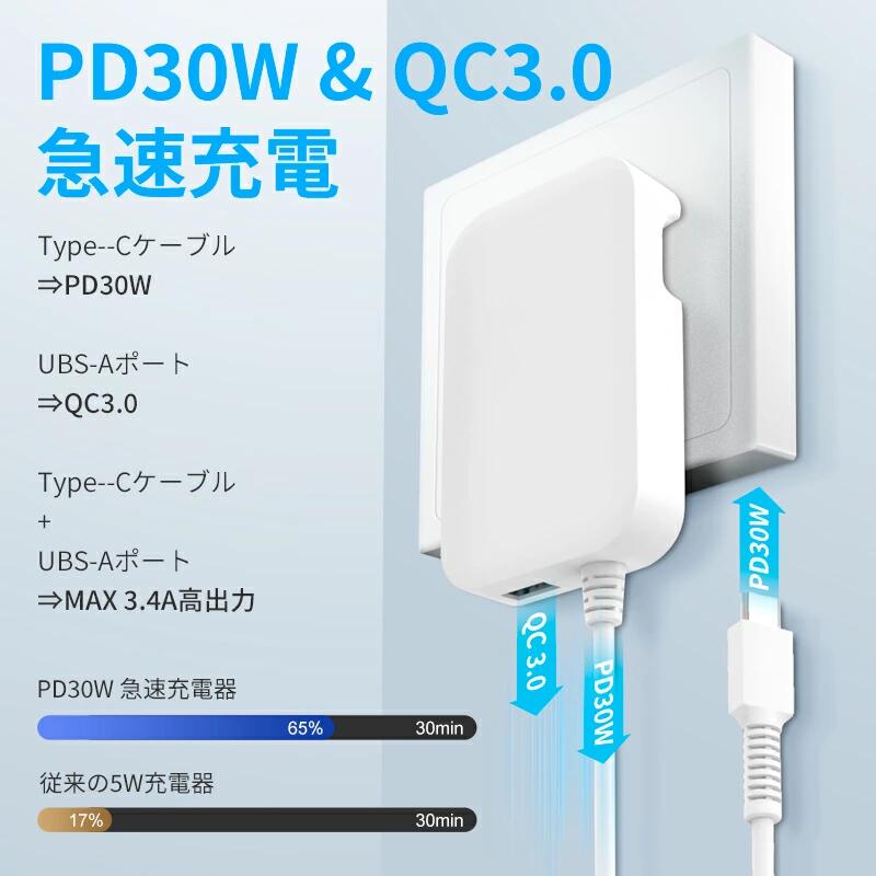 充電器 Type-C 急速充電器 USB充電器 送料無料【GaN 窒化ガリウム/PD30W&QC3.0/折りたたみ式プラグ/1.5Mケーブル一体型】合計3.4A 急速充電 PD充電器 携帯充電器 スマホ 充電器 2台同時充電可能 PSE認証済 画像3