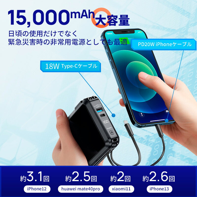 【PD20W急速ケーブル内蔵】モバイルバッテリー 大容量 15000mAh 急速充電 (2ケーブル内蔵+Type-C入力+USBポート/PSE認証済/PD20W＆PD3.0＆QC3.0対応/折畳式プラグ)スマホ充電器 3台同時充電 コンセント一体型 LCD残量表示 画像3