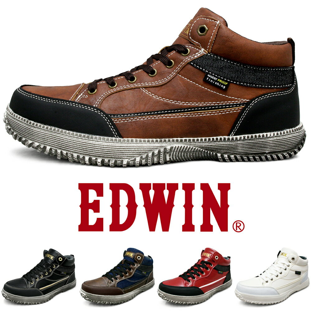 スニーカー メンズ 防水 ハイカットスニーカー 軽量 幅広 カジュアルシューズ 高クッション性 PUレザー デニム おしゃれ デニム生地 紐靴 紳士靴 EDWIN エドウィン EDM3602｜正規販売店