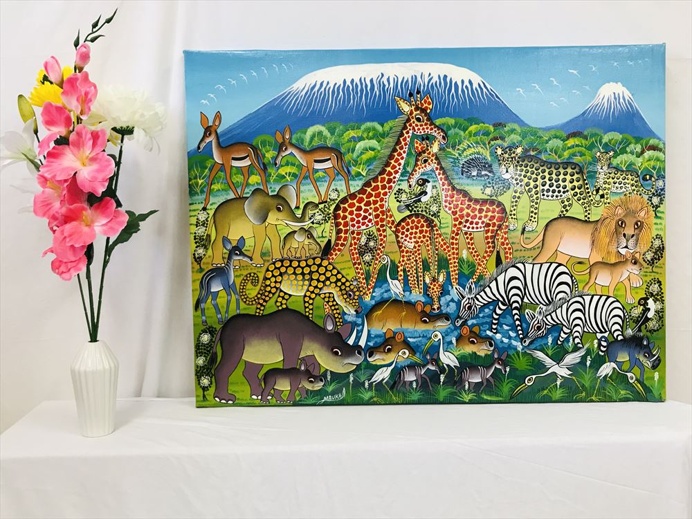【即納・生原画 ティンガティンガ】＜MBUKA＞の「キリマンジャロ動物」大型80x60cm 木枠張り・カンと紐つきでスグ飾れます バックカラー：ブルー