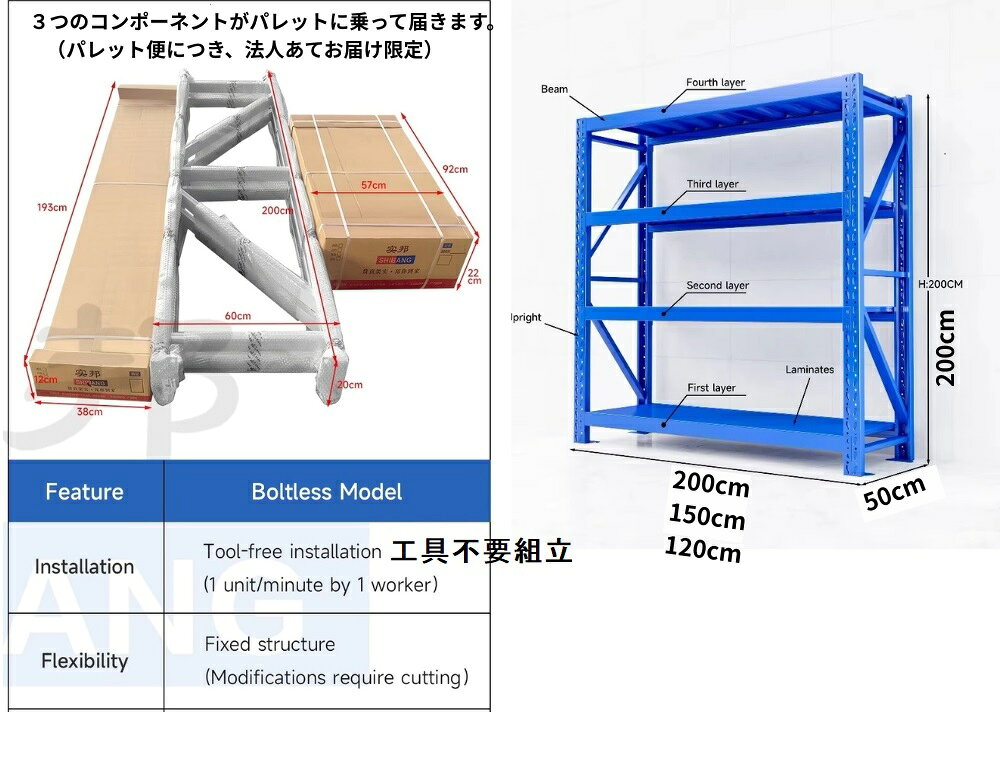サイクル・パートナー楽天市場店の【即納】スチールラック 業務用 高耐荷重収納棚 メタルラック 組立簡単 ボルトレス 連結可能 4段 耐荷重200kg/段 スチール棚 軽量ラック 物置 倉庫 ガレージ（ブルー・200*150*50cm)｜アングル2