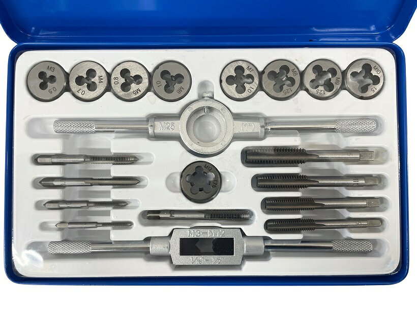 サイクル・パートナー楽天市場店の【即納】タップ ダイスセット タップ工具 タッピング工具 TAP TOOL ねじ切りタップ 工具 ネジ山修正 ネジ穴修復ツール ネジ補修ツール クロム軸受鋼 20点セット｜アングル2