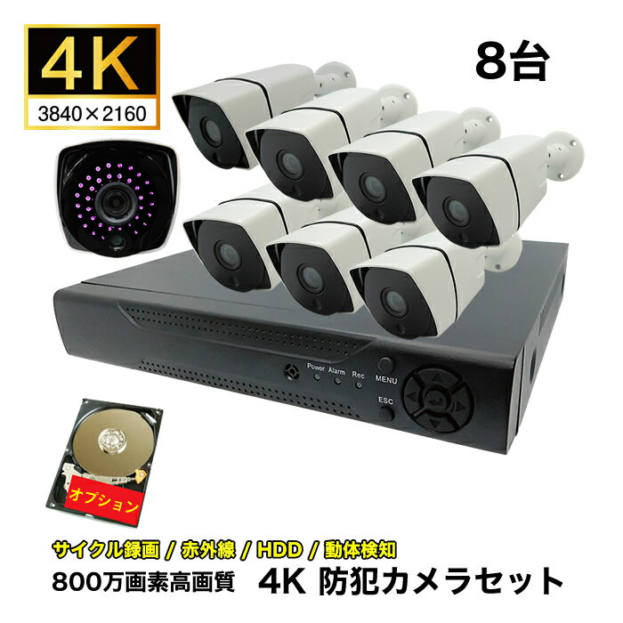 防犯カメラ 屋外 屋内 有線 4K 8台セット フルハイビジョン800万画素防犯カメラ8台＋録画機セット SEC-K-8K 家庭用 録画機 カメラセット 屋外用防犯カメラ 監視カメラ 防水 防塵 赤外線 暗視 駐車場 車庫 車上荒らし 動体検知 送料無料 ブロードウォッチ Broadwatch