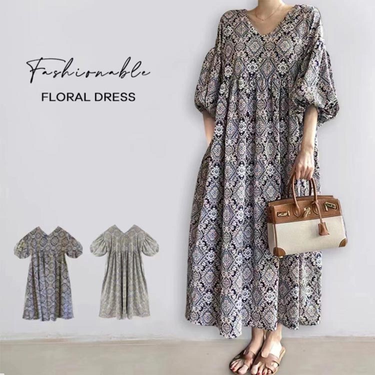 レディース　ファッション　コーデ　春　夏　秋 MIUCO フレンチ ティーブレイク 花柄 ワンピース Vネック フライング スリーブ ハイウエスト 大きめ 裾 エレガント