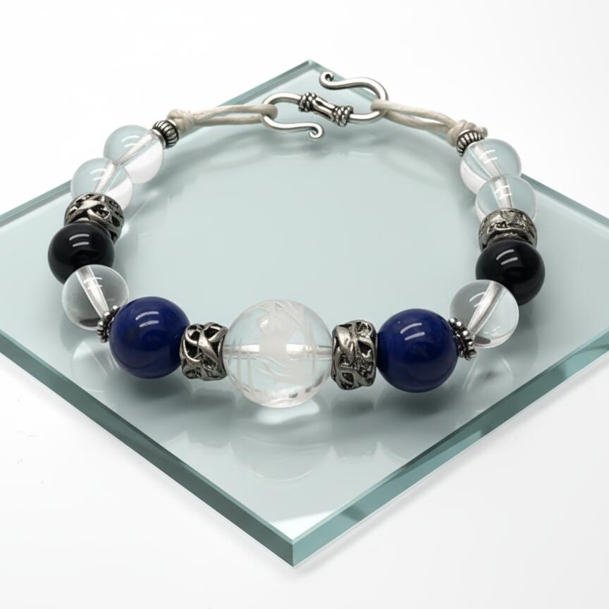 パワーストーン ブレスレット 天然石 青龍彫 水晶 ラピスラズリ オブシディアン ワックスコード アクセサリー プレゼント 女性 男性 1点物 ギフト 運気 幸...