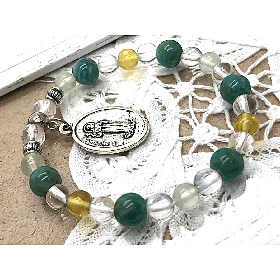 パワーストーン ブレスレット 天然石 ロシアンアマゾナイト プレナイト 聖ベネディクトチャーム付き ハンドメイド アクセサリー プレゼント 女性 男性 ギフト ...