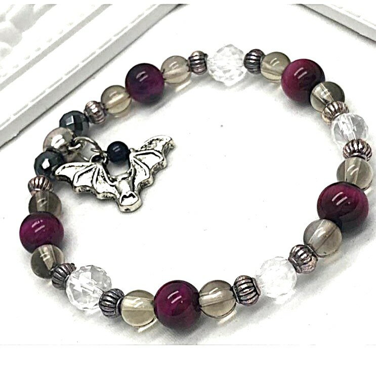 パワーストーン ブレスレット 天然石 ローズタイガーアイ スモーキークォーツ コウモリのチャーム付 ハンドメイド アクセサリー プレゼント 女性 男性 ギフト ...