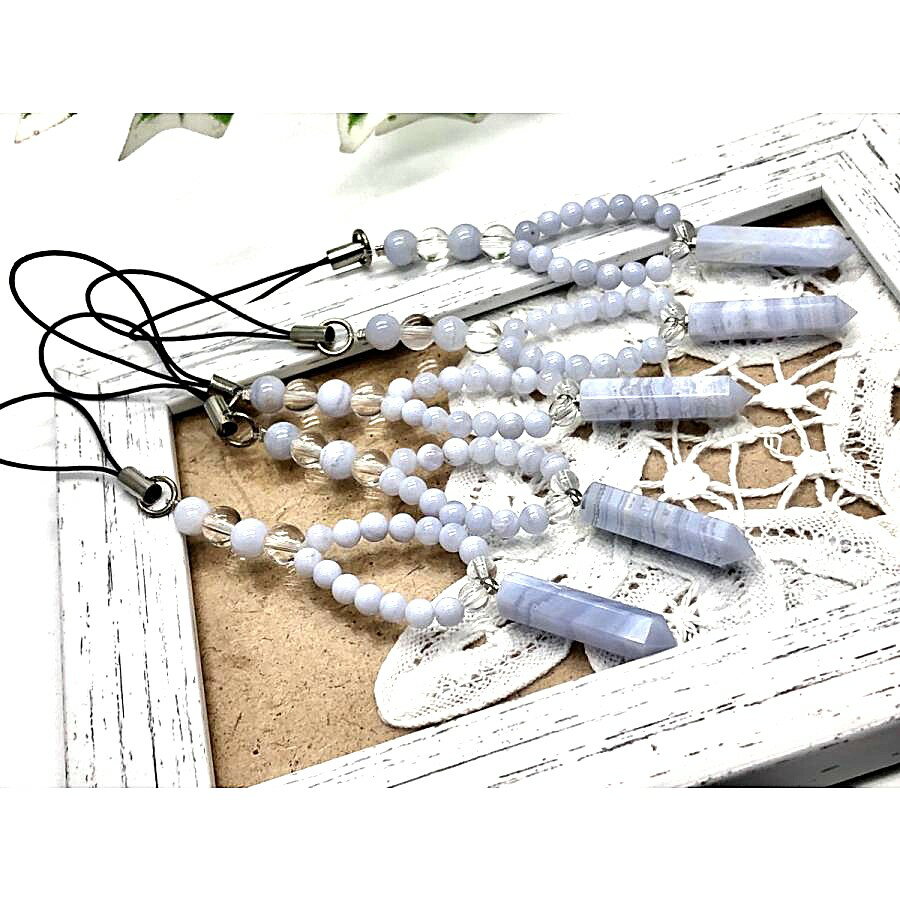 パワーストーン 天然石 ストラップ ブルーレースアゲート ポイント型 六角柱 ハンドメイド アクセサリー 雑貨 ギフト プレゼント 男性 女性運気 幸運 オリジナル メンズ レディース