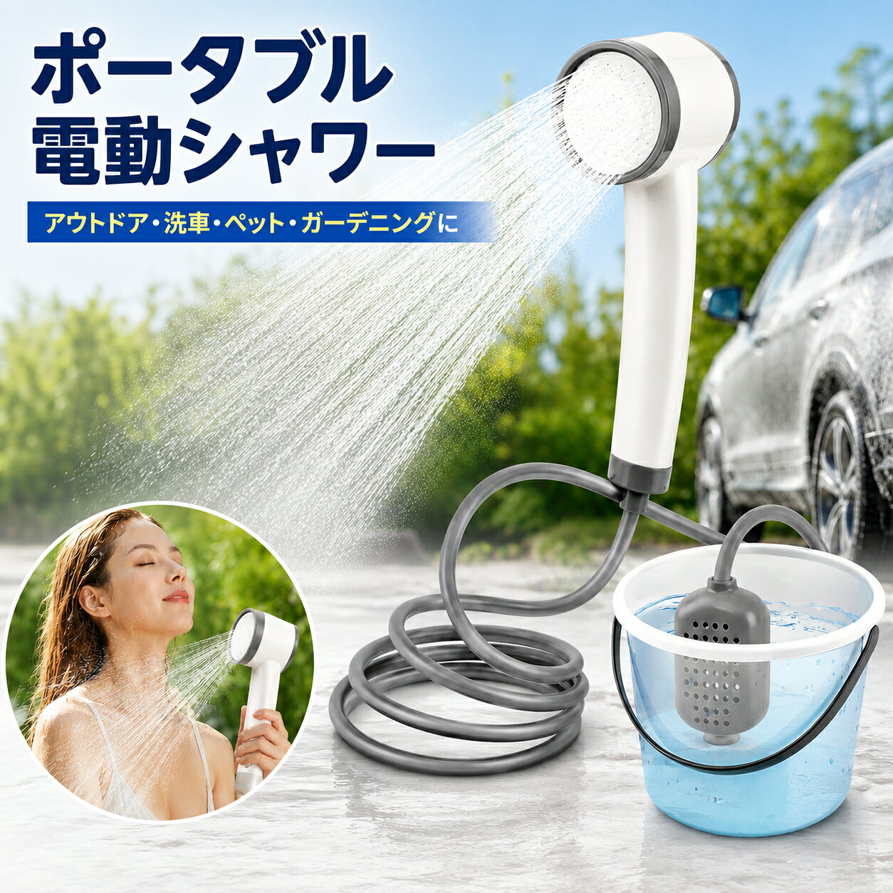 商品情報商品名充電式ポータブルアウトドアシャワー商品仕様サイズ：約25×7×8cm重量：約0.44kgホース長さ：約2.1m充電入力：5V / 2A使用時間目安：約1～2時間シャワーパネル：304ステンレス水温表示：LEDデジタル表示温度表示カラー：35℃以下：青 / 36～45℃：緑 / 45～55℃：赤充電方法：USB充電主な用途シャワー、洗車、ペット、ガーデニング、アウトドアなどおすすめ使用シーンキャンプ・車中泊・海水浴・屋外シャワー・学校や寮・ガーデニング・洗車・アウトドア用品の洗浄・ペットのお風呂・災害時の簡易シャワー1台あると、日常からレジャー、防災まで幅広く使えます。関連キーワードポータブルシャワー アウトドアシャワー 携帯シャワー 充電式シャワー USB充電 シャワーヘッド LED温度表示 温度表示 デジタル表示 高圧シャワー 増圧シャワー 屋外シャワー 簡易シャワー キャンプ 車中泊 アウトドア 海水浴 ビーチ 洗車 車洗浄 ペットシャワー 犬 猫 ガーデニング 水やり 防災 災害対策 非常用 シャワー 2.1mホース ステンレスパネル モバイルシャワー ポータブル キャンプ用品 防災グッズ【応急・アウトドア用品】ポータブルシャワー 充電式 アウトドアシャワー LED温度表示 2.1mホース 高圧 増圧 3段階温度カラー表示 USB充電 携帯シャワー キャンプ 車中泊 洗車 ペットシャワー ガーデニング 防災 電源や水道設備のない場所でも使いやすい充電式ポータブルシャワー。LEDで水温をひと目で確認でき、細かな水流とパワフルな水圧でアウトドアから洗車・ペットのお手入れまで幅広く活躍。 ご使用上の注意：・本商品は水を加熱する機能はありません。LED 表示は水温を表示するための機能です。・55℃を超える高温のお湯は使用しないでください。・使用前に必ず水温を確認し、やけどに十分ご注意ください。・吸水部が十分に水へ浸かった状態で使用してください。・空運転は故障の原因となるため避けてください。・砂、泥、異物の多い水を使用するとフィルターや吐水穴が詰まる場合があります。・使用後はフィルターやシャワーヘッドを定期的に清掃してください。・充電中は充電端子部分を濡らさないでください。・本体を水中へ完全に沈めるなど、想定外の使用は避けてください。・モバイルバッテリー、バケツなどは付属していない場合があります。商品ページのセット内容をご確認ください。・使用時間は水圧、使用環境、バッテリー状態によって異なります。・長期間使用しない場合でも、定期的に充電してください。・製造ロットにより、細部のデザイン、色味、仕様が画像と若干異なる場合があります。・モニター環境により、実際の商品と画像の色味が異なって見える場合があります。 5