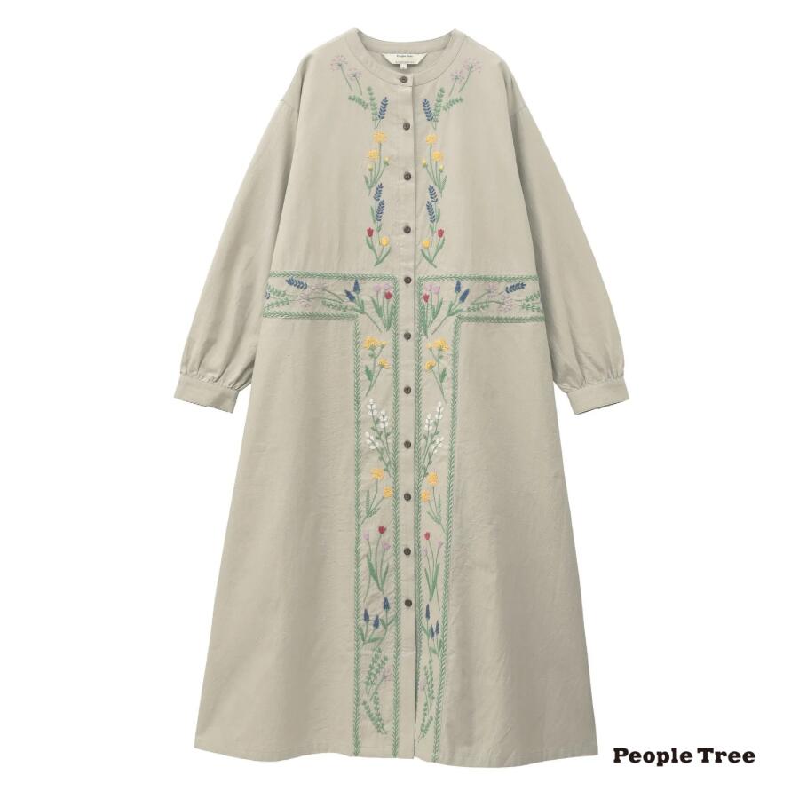 [新作] People tree 手織りオーガニックコットン フラワー手刺繍 ガウンワンピース セージグレイ M【ピ..