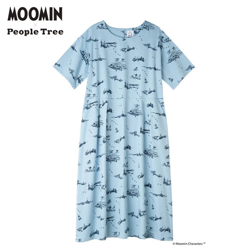 楽天フェアリーチェPlusPeople Tree × Moomin オーガニックコットン ドレス 「ムーミンパパ海へ行く」 ブルー系 （M／L）