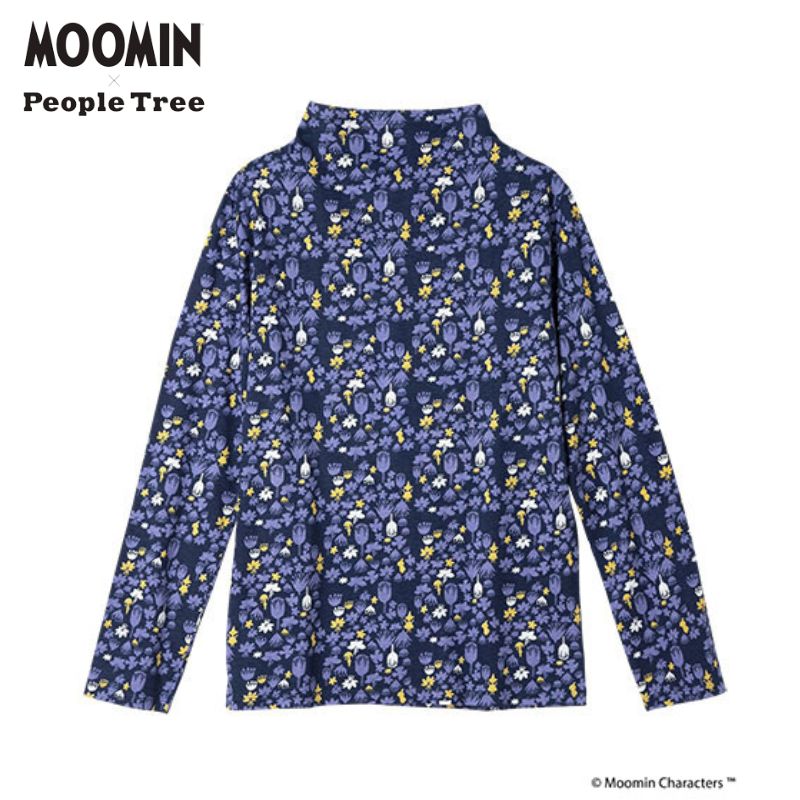 People Tree × Moomin オーガニックコットンフラワープリントボトルネックトップ 『ミイ＆スナフキン』 パープル系 (M／L)