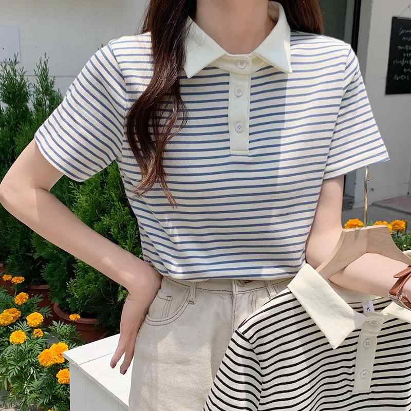 レディース 夏 短袖 Tシャツ 純綿 ゆったり ストライプ ポロ襟 カジュアル トップス 普段使い 軽量 吸湿速乾
