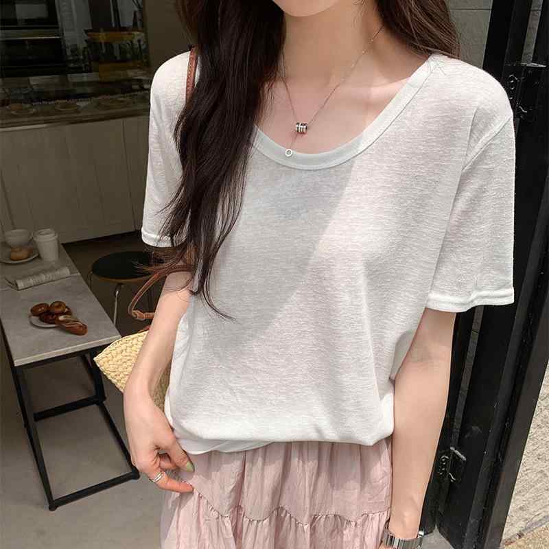 Tシャツ レディース 半袖 トップス カットソー 竹節綿 スラブコットン Uネック ラウンドネック クルーネック インナー シャツ アンダー..