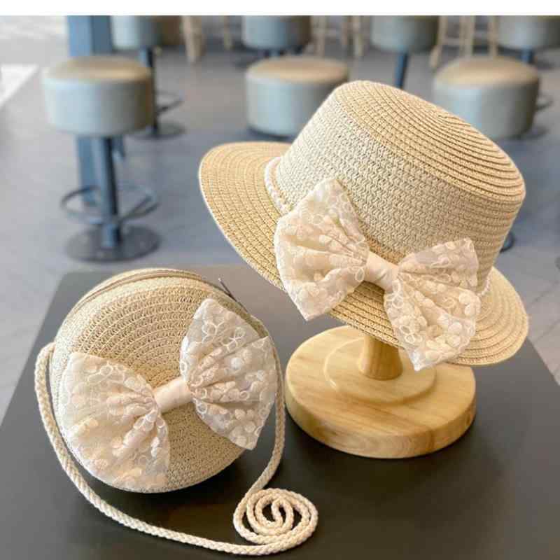 Straw Hat - 麦わら帽子 子供 女の子 プリンセス セット バッグ サマー ビーチ 日焼け防止 レース かわいい 遮陽 軽量 通気性 天然素材 アウトドア 普段使い(x2)
