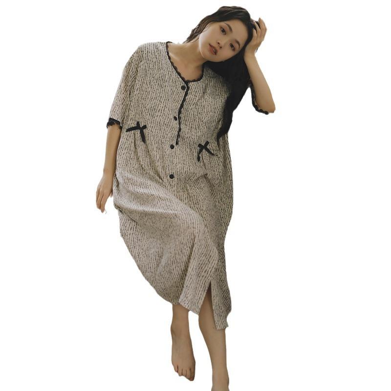 妊婦服 授乳ドレス 夏用 薄手 短袖 開襟 胸パッド付き 産後服 待産スカート スリープウェア 軽量 伸縮性 通気性 コットン素材 ピンク系 カジュアル