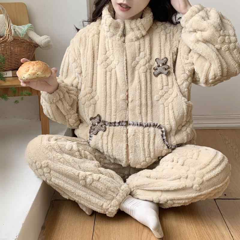 妊婦用 産後パジャマ 女性用 秋冬 保温 珊瑚絨 フランネル 厚手 柔らかい 部屋着 授乳対応 ホームウェア 暖か素材 母乳育児 快適デザイン