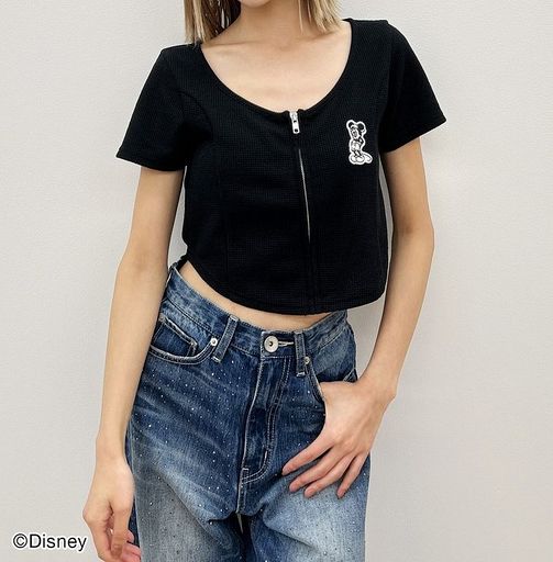 ジェイダ GYDA Mickey Mouse / フロントZIPワッフルトップス コラボ ワッフル素材 フロントジップ オススメ セクシー ギャル 人気 レディース ブランド - 3