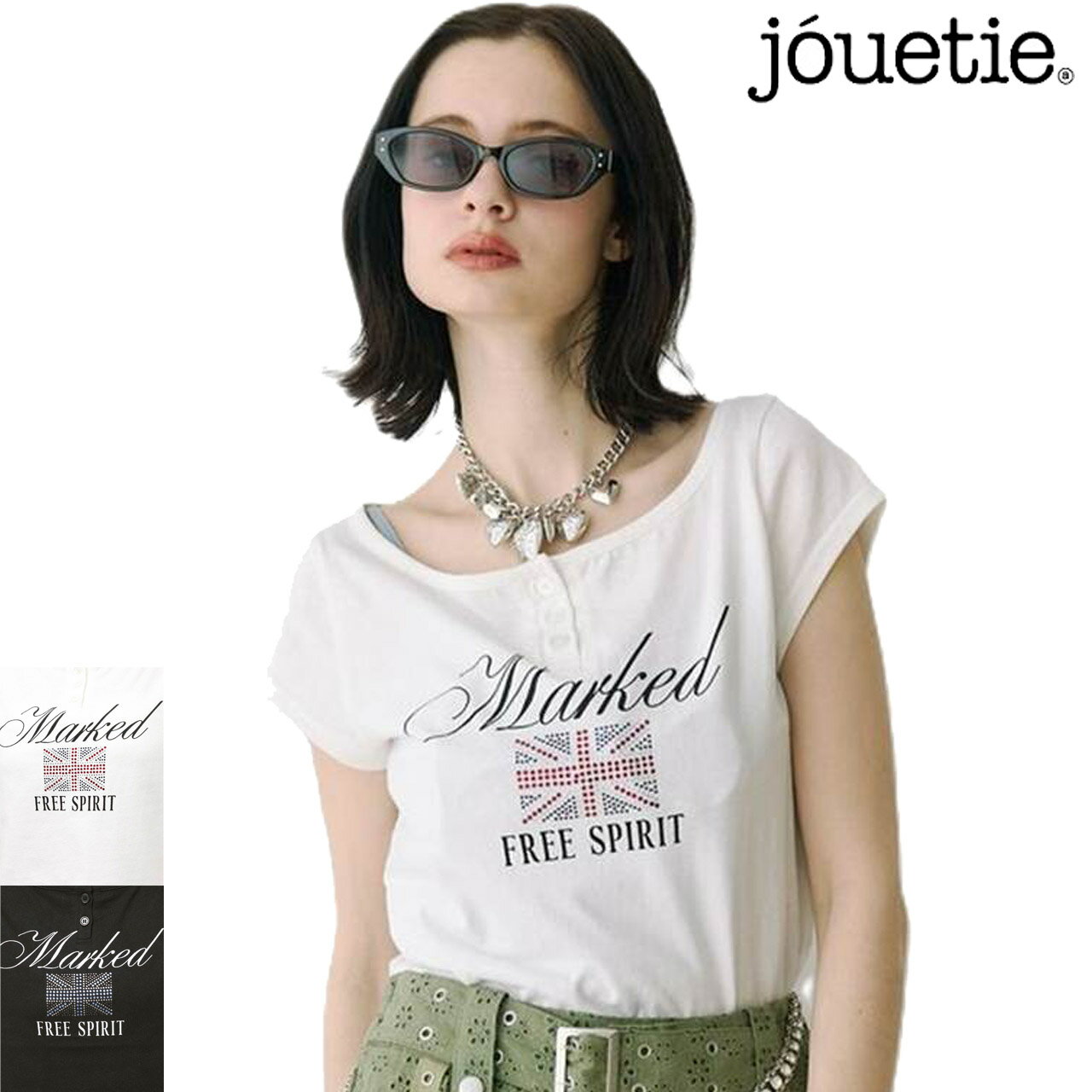 jouetie ジュエティ レディース ユニオンジャックラインストーンTシャツ 半袖Tシャツ ヘンリーネック Y2K 082632700301