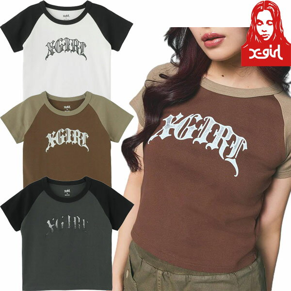乐天商城 - エックスガール X-girl GRADATION GLITTER LOGO S/S RAGLAN BABY TEE ベビーT ちびT へそ出し Y2K 半袖 Tシャツ レディース ストリート ブランド 新品 正規品