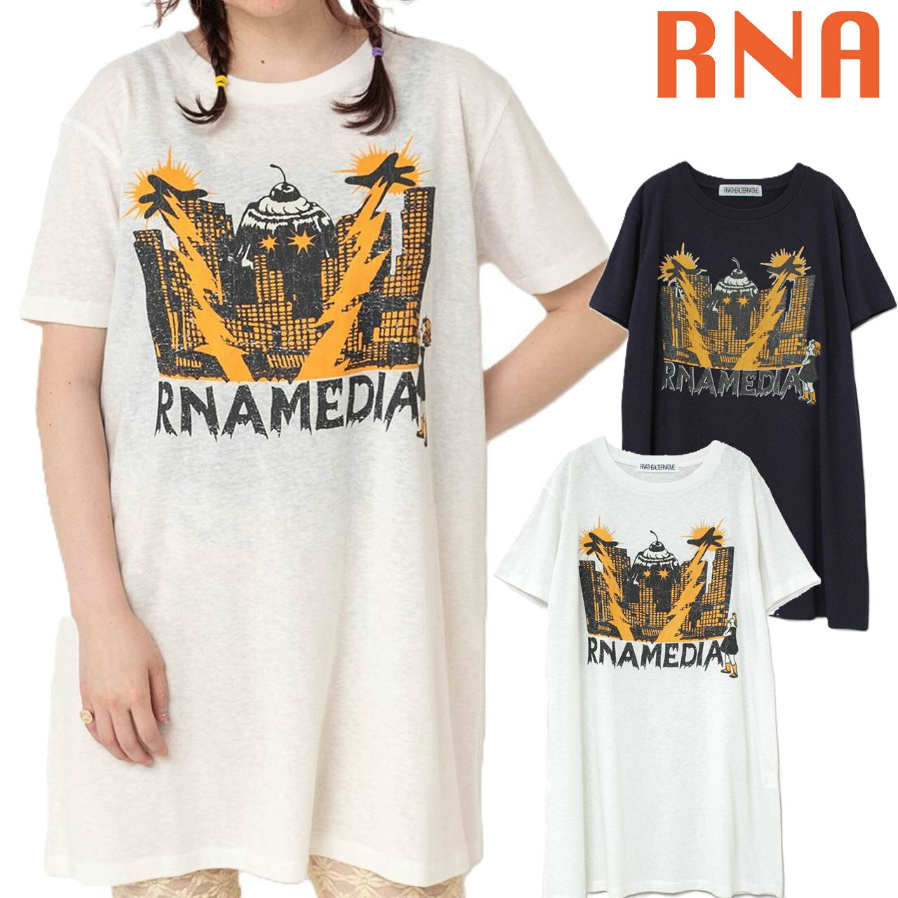乐天商城 - RNA アールエヌエー レディース Jellydestroy T-ワンピース Tシャツワンピース ビッグT プリントワンピ 半袖 チュニック オーバーサイズ D1692