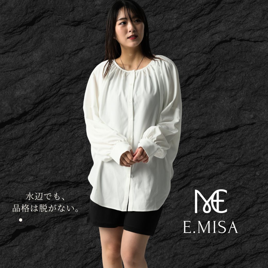 樂天商城 - シャツ ラッシュガード レディース 長袖 ブラウス 衿なし 女の子 前後2way upf50+ ワイシャツ ラッシュガード 水着 水陸両用 大きいサイズ オーバーサイズ 体型カバーUVカット フードなし ジップなし 可愛い 春夏 おしゃれ UV 黒 白 青 最強配送 プール 接触冷感 母の日