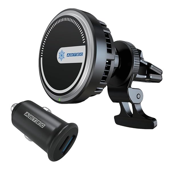 アドテック ワイヤレス マグネット式充電器 ペルチェ 車載 カーチャージャー 冷却ファン イルミネーションLED シガー38W 充電器付 iPhone 16/15/14/13/12 ACWPD-V015M-w38AC
