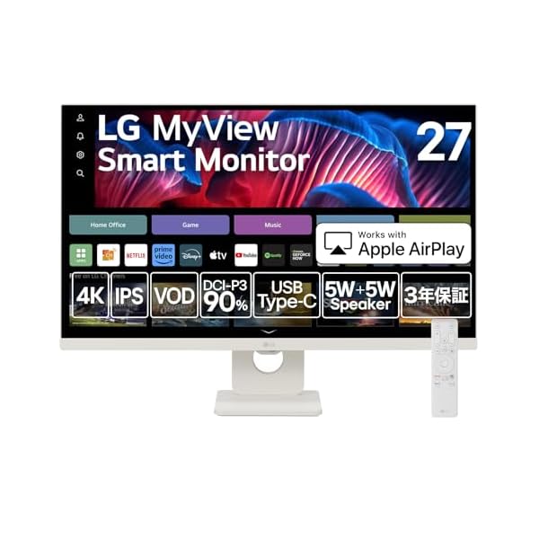 LG スマートモニター 27SR73U-W/LG MyView Smart Monitor / 27インチ 4K / webOS 23 / IPS / 約10.7億色表示(8bit+FRC) / DCI-P3 90% / アンチグレア / 5W+5W