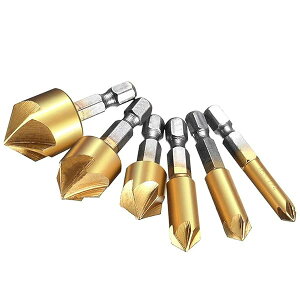 e-smile 皿取りビット ドリルビット 六角軸 HSS鋼 6~19mm 穴あけ工具 下穴錐 座ぐり チタンコーティング 5枚刃 6本セット