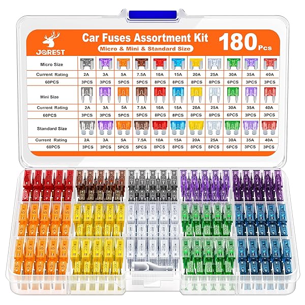 JOREST 180個カーヒューズキット、60個ミニ平型ヒューズ + 60個平型ヒューズ + 60個低背ヒューズ + 1個ヒューズクリップ、 車/トラック/オートバイ用(2A 3A 5A 7.5A 10A 15A 20A 25A 30A 35A 40