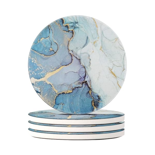 HAOCOO コースター おしゃれ セラミック製 大理石模様 コルク裏面 丸型 4枚セット マグ お茶パッド 断熱 珪藻土よりも良い 吸水 速乾 滑り止め 家庭用 オフィス用 新築祝い プレゼント -SRMK11（ライトブルー）