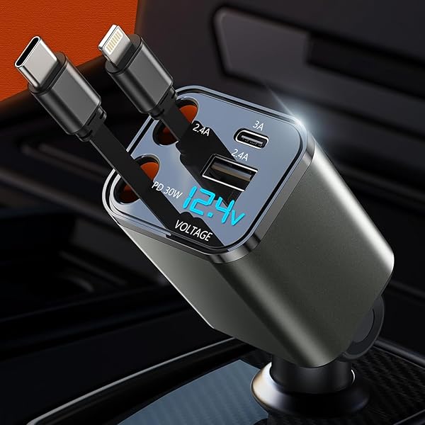 htrahy【小型・LED電圧表示】車 充電器 巻き取り式 カーチャージャー 急速充電 Type-C/USB-C/ライトニング/USB-A 4台同時使用 iphone/iPad/AQUOS/Xperia対応 DC12/24V車対応(CC0304-GR