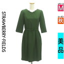 【5/8値下げ】【中古】【古着】 ストロベリーフィールズ STRAWBERRY-FIELDS ワンピース チュニック ワンピース ベルト付き膝丈スカラップワンピース 秋物 秋冬 春秋 グリーン