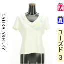 \週末限定★15%OFFクーポンで411円/ ローラアシュレイ Laura Ashley Tシャツ レディース 夏 半袖 ホワイト M 花刺繍VネックTシャツ ...