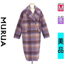 【中古】【古着】 ムルーア MURUA コート アウター チェック柄オーバーロングコート 冬物 冬 秋冬 パープル