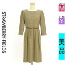 【4/23値下げ】【中古】【古着】 ストロベリーフィールズ STRAWBERRY-FIELDS ワンピース チュニック ワンピース ベルト付き千鳥格子柄膝下タックワンピース 冬物 冬 秋冬 ベージュ