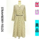 【5/8値下げ】【中古】【古着】 ストロベリーフィールズ STRAWBERRY-FIELDS ワンピース チュニック ワンピース ベルト付き膝下ストライプワンピース 春物 春秋 春夏 ベージュ