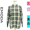 【中古】【古着】 エモダ EMODA カットソー プルオーバー トップス オープンショルダーチェックカットソー 春物 春秋 春夏 グレー