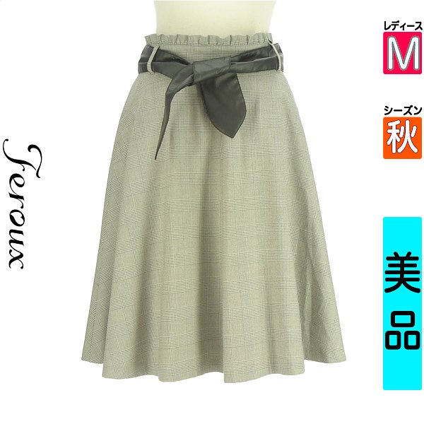 ＼14周年記念★全品15%OFFクーポン×P2倍／ フェルゥ Feroux スカート レディース 秋 グレー M ベルト付き膝下チェックスカート 【中古】【古着】【人気】お買い物マラソン