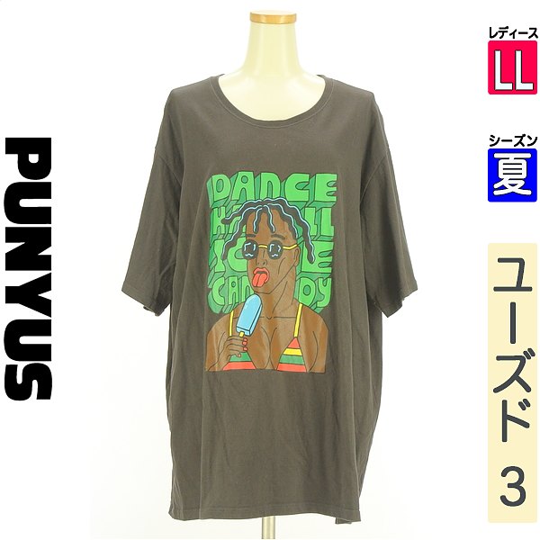 プニュズ PUNYUS Tシャツ レディース 夏 半袖 グレー LL プリントビッグTシャツ 【中古】【古着】【新着】