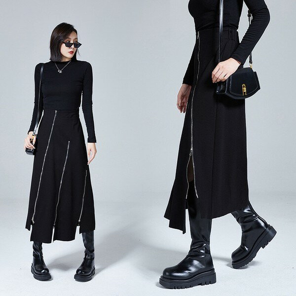 送料込　送料無料　原宿系 DANCEファッション　カジュアル系　ストリート系　インパクトありのファスナーデザイン ロング丈スカート