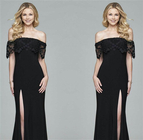 ロングドレス　キャバドレス　キャバワンピ　ナイトワーク　フォーマル　パーティーに胸元レースデザイン　セクシー肩魅せスタイル　マーメイドロングドレス